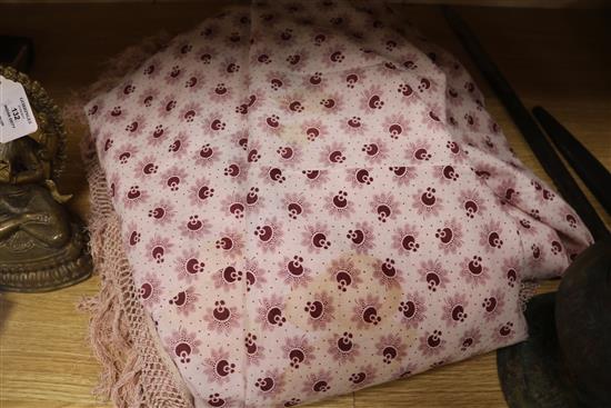 A Chinese embroidered silk bed cover and a similar table frontal shawls